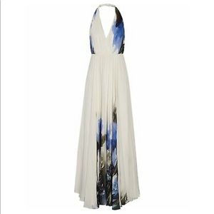 MILLY Sky Blue White Georgina Printed Silk Halter Neck Gown